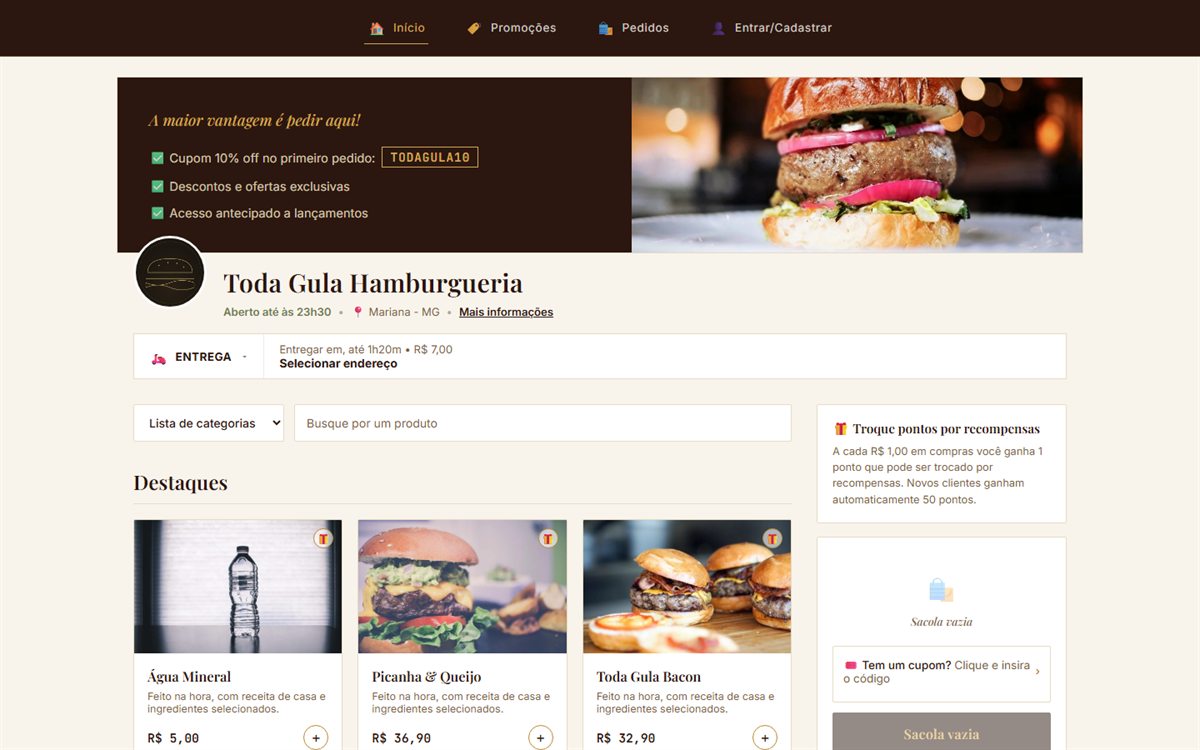 Página inicial do site da Toda Gula Hamburgueria
